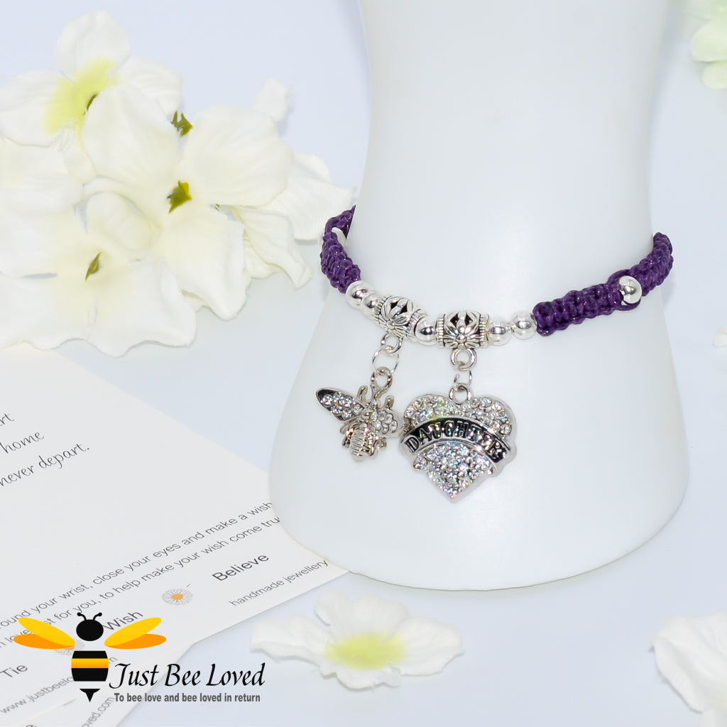 Purple Shamballa wish bracelet featuring a bee charm and love heart engraved with "Daughter" with verse card.