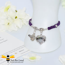Load image into Gallery viewer, handmade purple Shamballa wish bracelet featuring a bee charm and love heart engraved with &quot;Daughter&quot; 