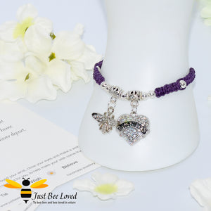 handmade purple Shamballa wish bracelet featuring a bee charm and love heart engraved with "Daughter" 