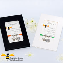 Load image into Gallery viewer, handmade Shamballa wish bracelet featuring a bee charm and love heart engraved with &quot;Daughter&quot; in display gift box