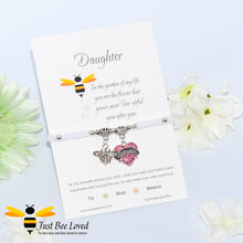 Load image into Gallery viewer, handmade Shamballa wish bracelet featuring a bee charm and love heart engraved with &quot;Daughter&quot; in white colour with sentimental verse card