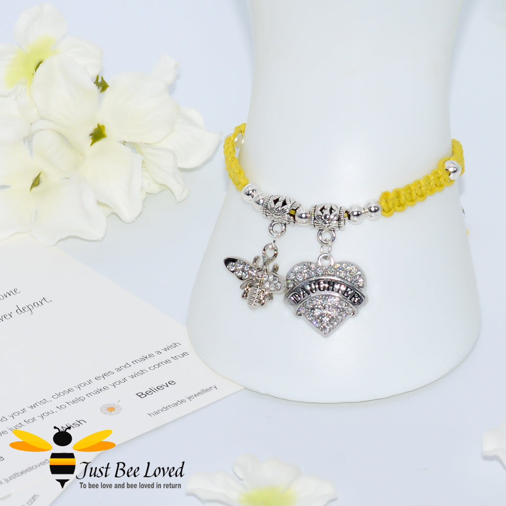 Yellow Shamballa wish bracelet featuring a bee charm and love heart engraved with "Daughter" with verse card.