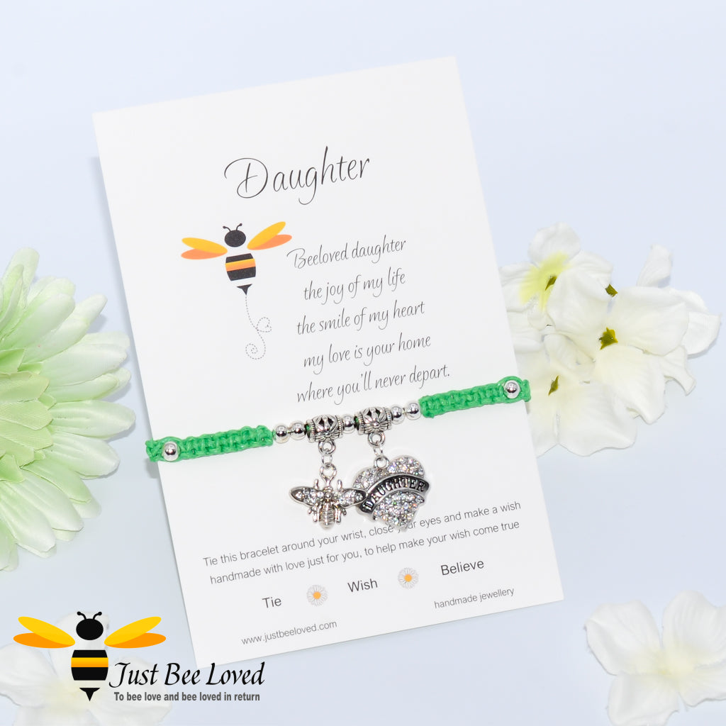 Green Shamballa wish bracelet featuring a bee charm and love heart engraved with "Daughter" with verse card.