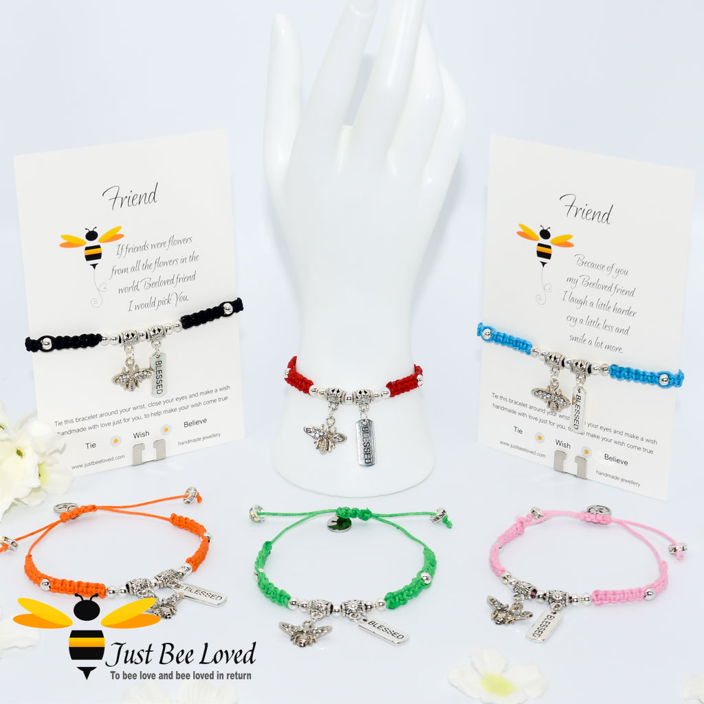 Handmade Shamballa Bee Charm bracelets for friend with sentimental verse cards