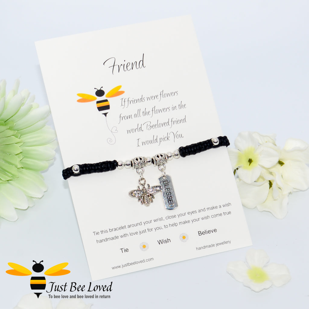 Handmade Black Shamballa Bee Charm bracelet for friend with sentimental friend verse card