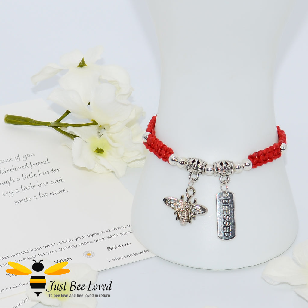 Handmade red Shamballa Bee Charm bracelet for friend with sentimental friend verse card