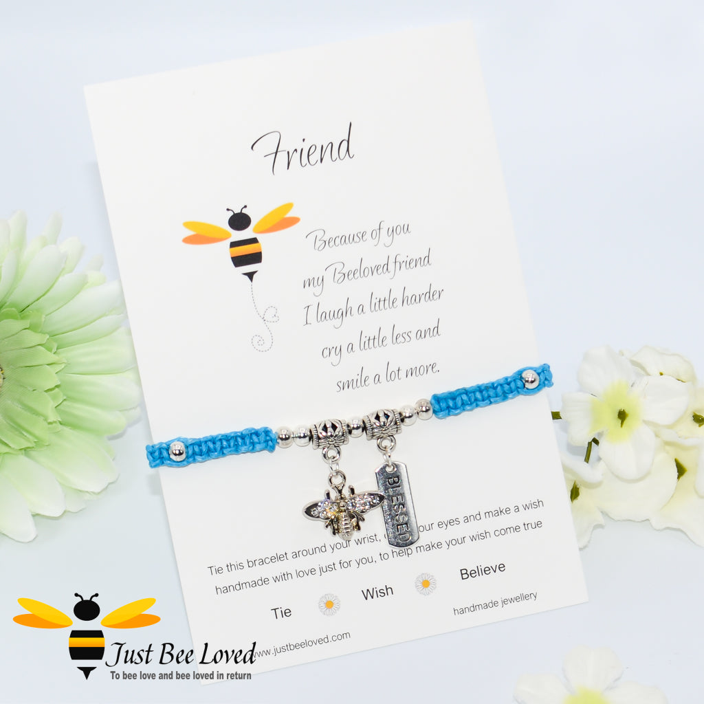 Handmade blue Shamballa Bee Charm bracelet for friend with sentimental friend verse card