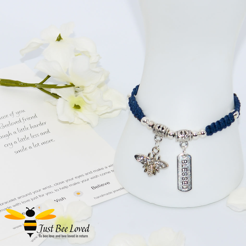 Handmade navy Shamballa Bee Charm bracelet for friend with sentimental friend verse card
