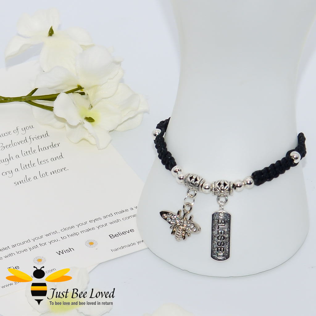 Handmade Black wish Bee Charm bracelet for friend with sentimental friend verse card