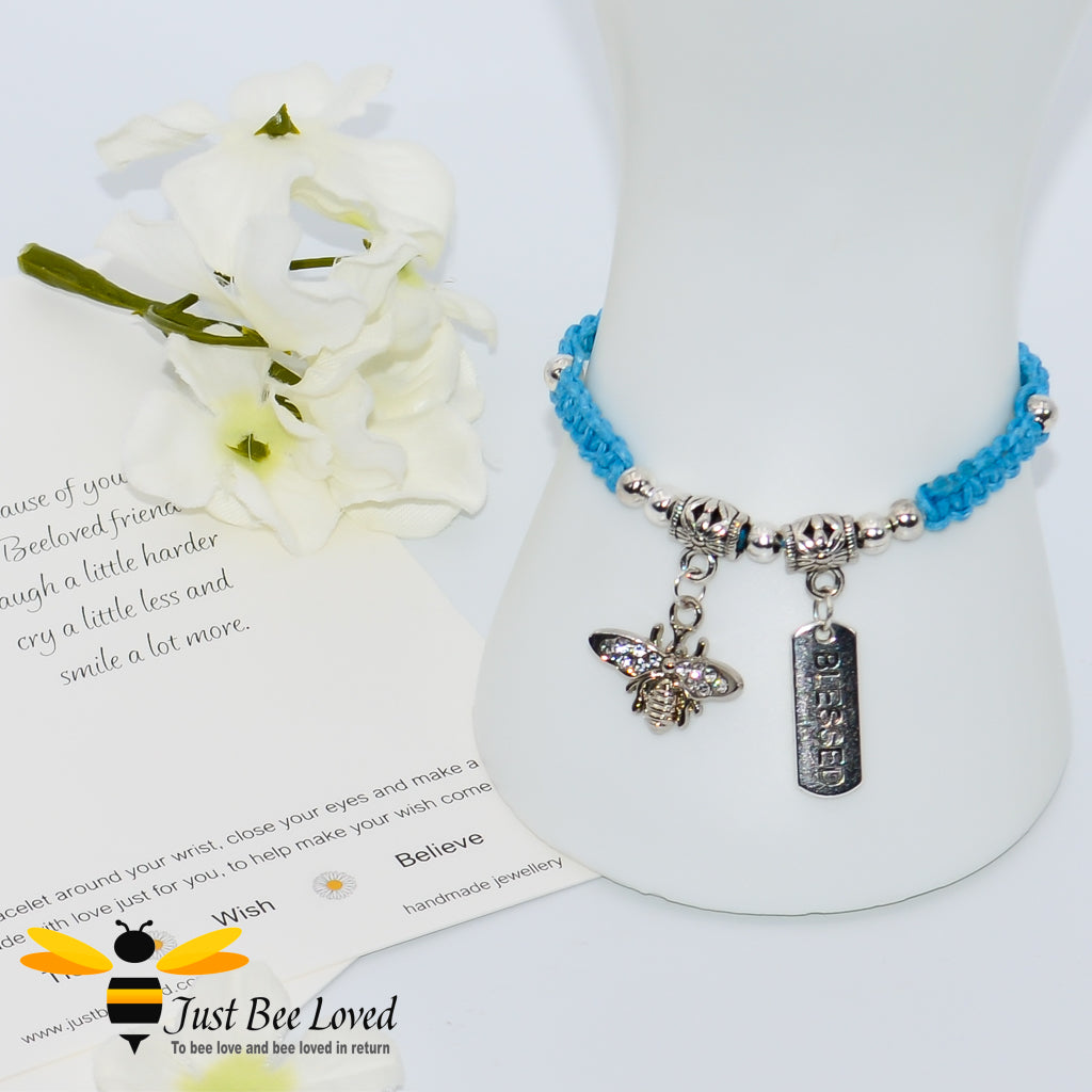 Handmade blue Shamballa Bee Charm wish bracelet for friend with sentimental  friend verse card