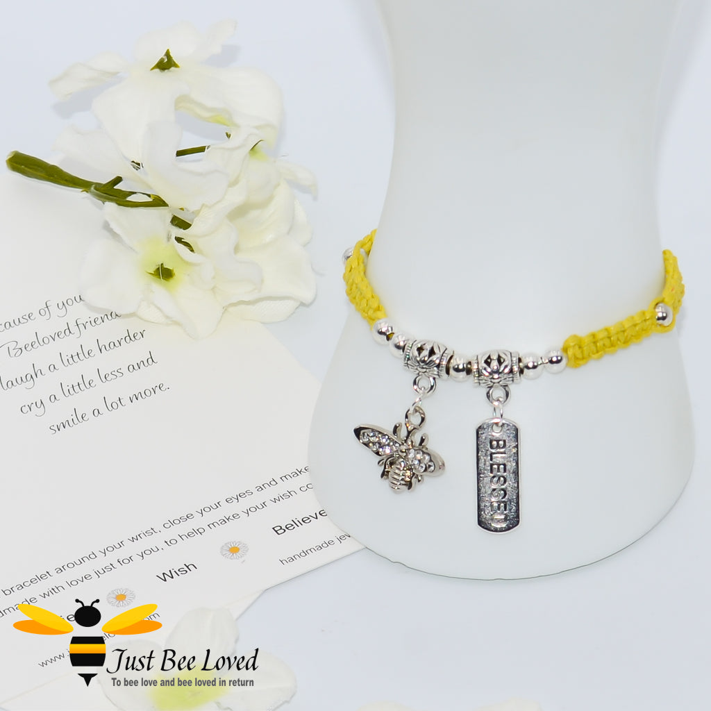 Handmade yellow Shamballa Bee Charm wish bracelet for friend with sentimental friend verse card