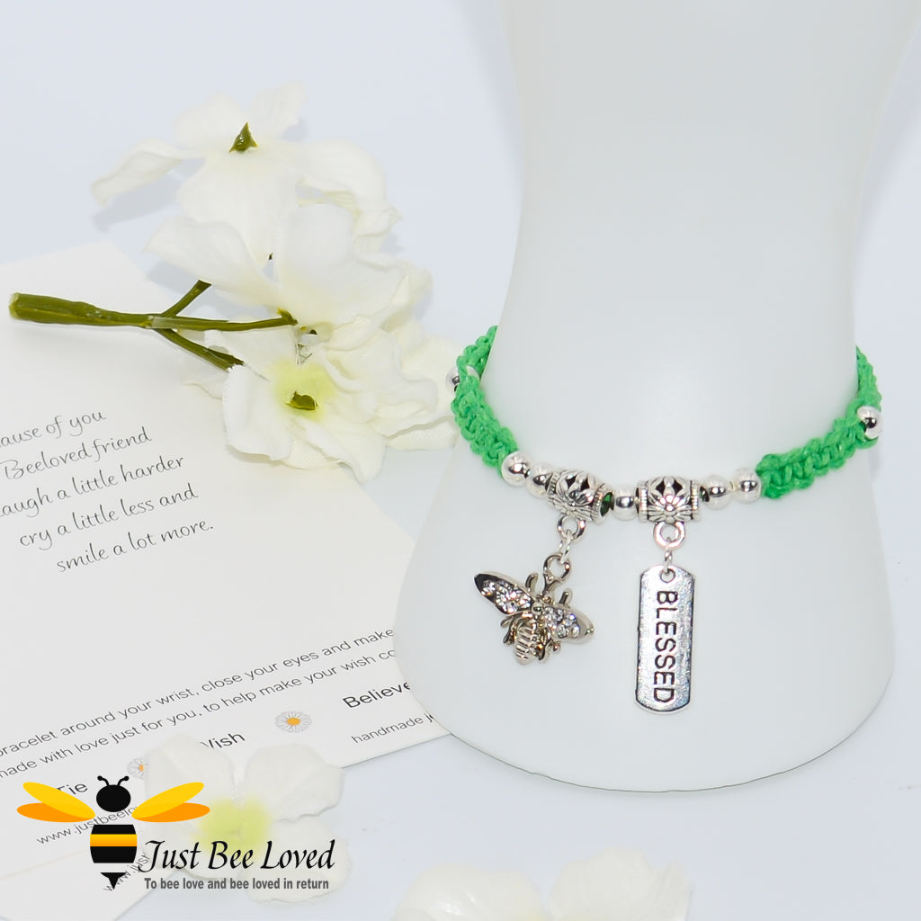 Handmade green Shamballa Bee Charm bracelet for friend with sentimental friend verse card