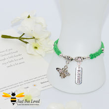 Load image into Gallery viewer, Handmade green Shamballa Bee Charm bracelet for friend with sentimental verse cards