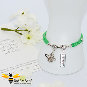 Handmade green Shamballa Bee Charm bracelet for friend with sentimental verse cards