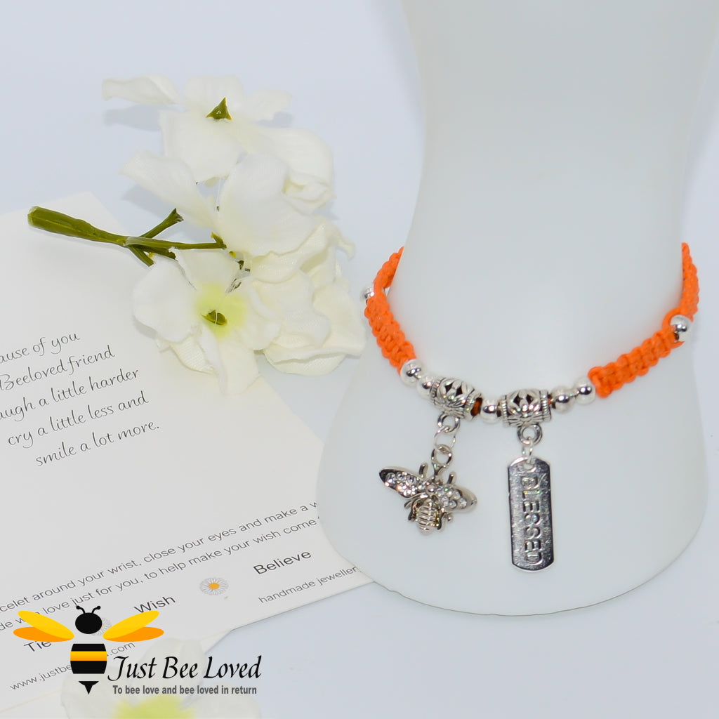 Handmade orange Shamballa Bee Charm wish bracelet for friend with sentimental friend verse card
