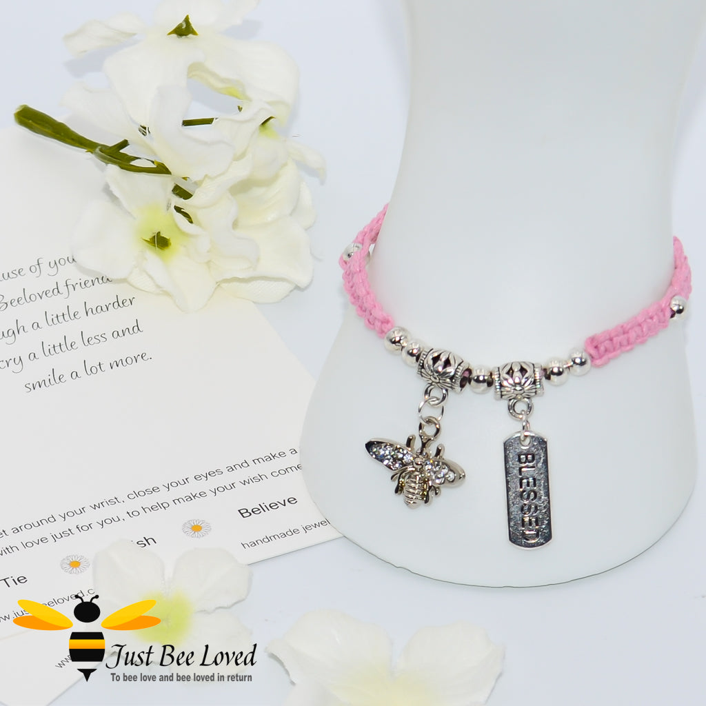 Handmade pink Shamballa Bee Charm wish bracelet for friend with sentimental friend verse card