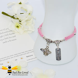 Handmade pink Shamballa Bee Charm wish bracelet for friend with sentimental verse cards