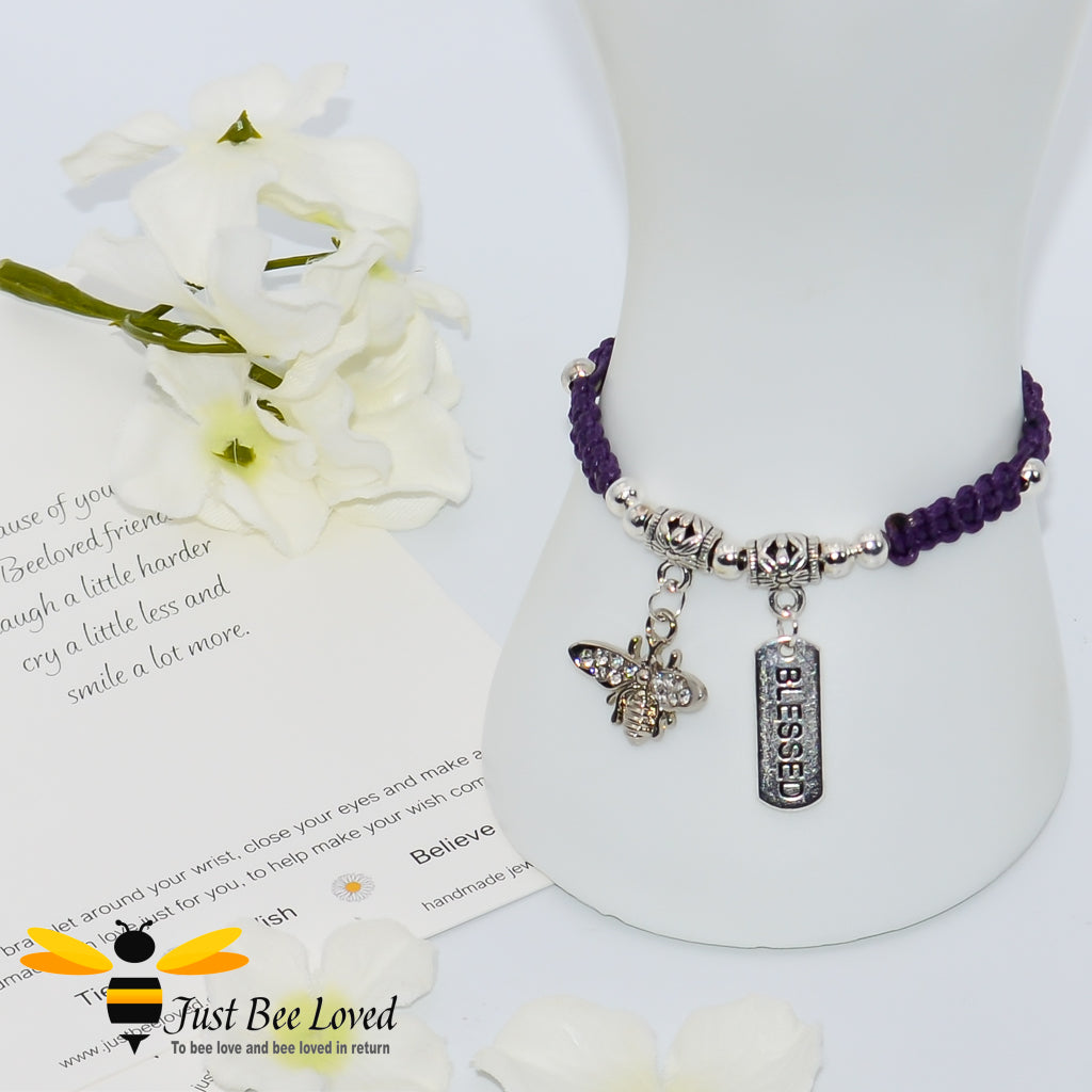 Handmade purple Shamballa Bee Charm wish bracelet for friend with sentimental friend verse card