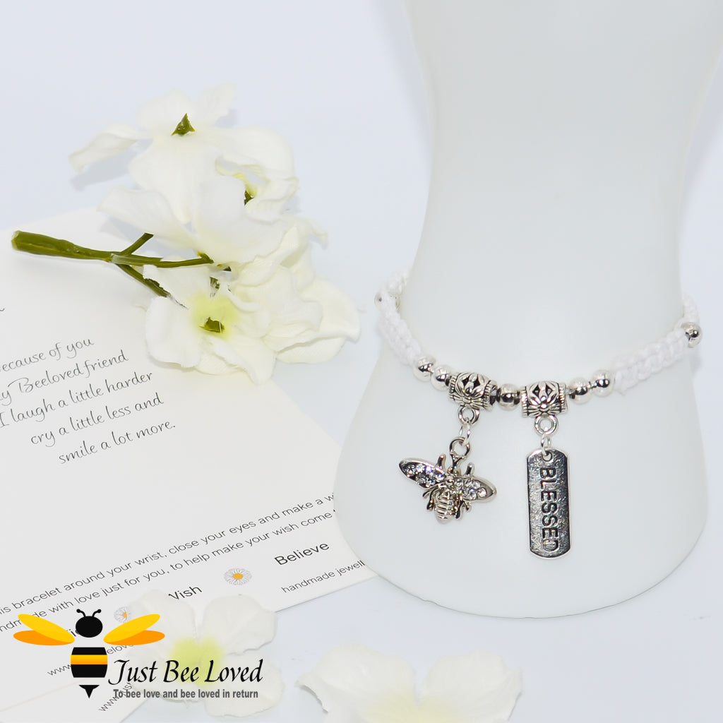 Handmade white Shamballa Bee Charm wish bracelet for friend with sentimental friend verse card
