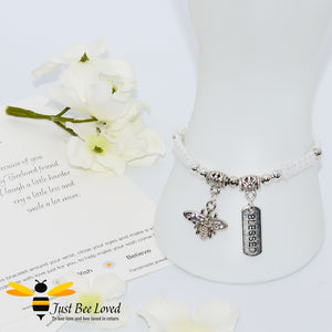 Handmade white Shamballa Bee Charm wish bracelet for friend with sentimental verse cards