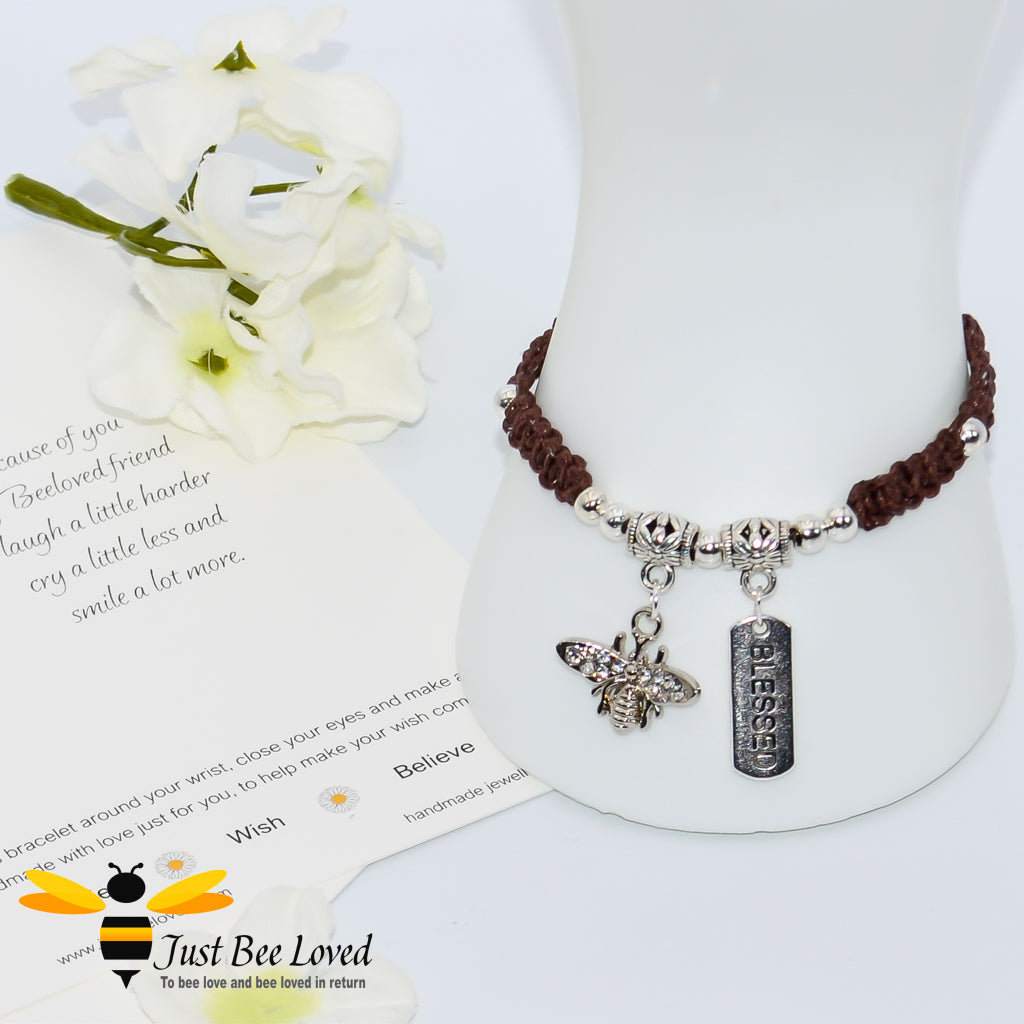 Handmade brown Shamballa Bee Charm wish bracelet for friend with blessed tag charm and sentimental friend verse card