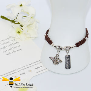 Handmade brown Shamballa Bee Charm wish bracelet for friend with blessed tag charm and sentimental verse cards