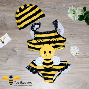 Girl's 1 piece bumble bee bathing bikini swimsuit with matching swimming hat