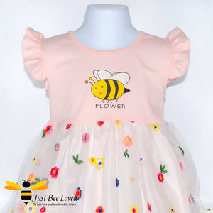 Girl's embroidered lace flowers and bee cotton smock dress in pink colour