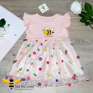 Girl's embroidered lace flowers and bee cotton smock dress in pink colour
