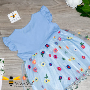 Girl's embroidered lace flowers and bee cotton smock dress in blue colour