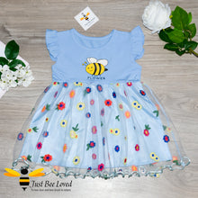 Load image into Gallery viewer, Girl&#39;s embroidered lace flowers and bee cotton smock dress in blue colour