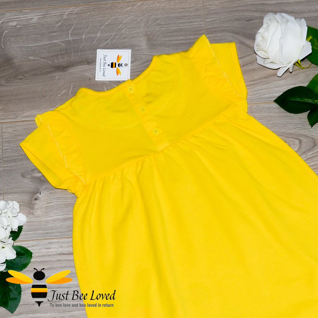 Girls Yellow Summer Smock dress with bumblebees and flowers in yellow