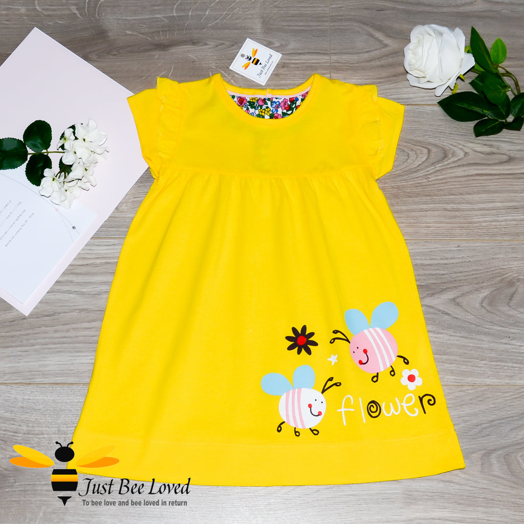 Girls Yellow Summer Smock dress with bumblebees and flowers in yellow