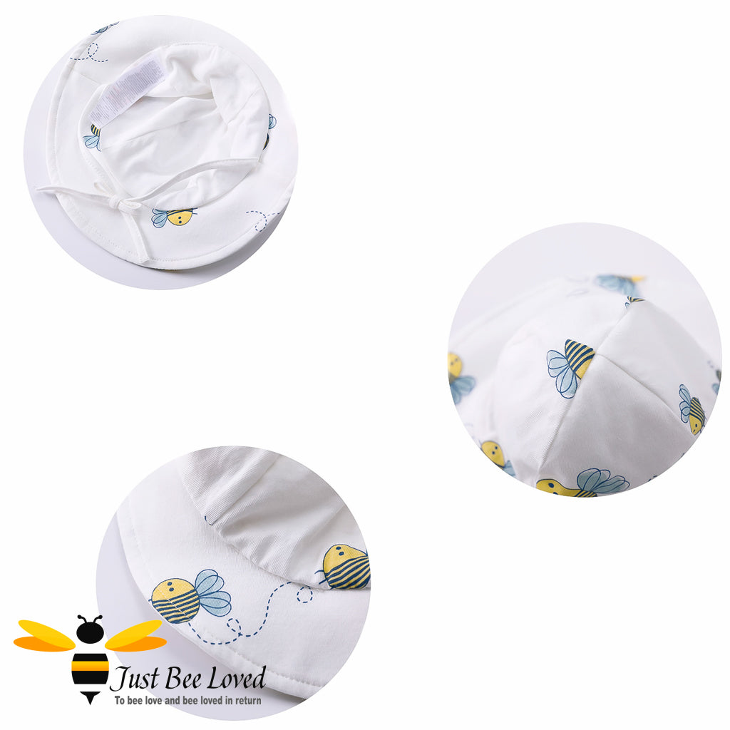 Baby Girls ivory floppy sun hat featuring an all over pretty little bees print.