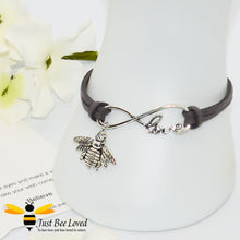 Load image into Gallery viewer, Handmade faux grey suede leather bracelet featuring a bee charm with love link