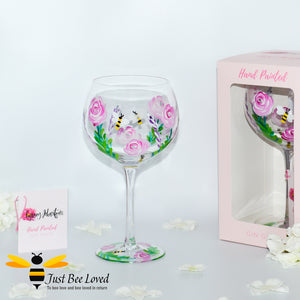 tall stemmed balloon gin glass hand painted with bumble bees and roses by Scottish artist Lynsey Johnstone