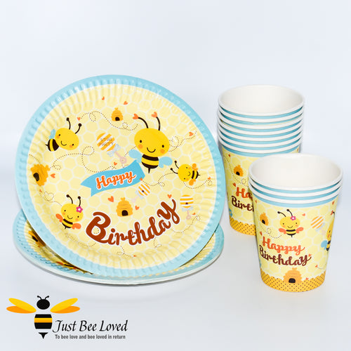 Happy birthday party paper plates paper cups with cartoon bumble bee design print 20pk