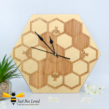 Load image into Gallery viewer, natural birch wood honeycomb  hexagon shaped bee wall clock 