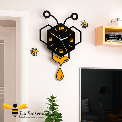 large honey bee hexagon pendulum wall clock with wall decor bees.  