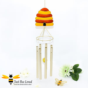 Hand crafted gold coloured metal chimes and glass resin beehive and bee windchime suncatcher