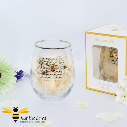 honeycomb and bees gold rimmed stemless wine glass 