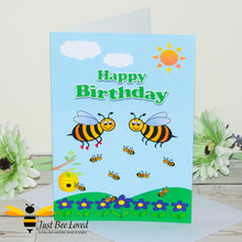 Load image into Gallery viewer, a birthday bee greeting card showing a cartoon illustration of a family of honey bees playing on a blue and green background.