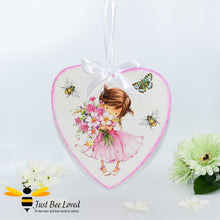 Load image into Gallery viewer, Handmade decoupaged wooden love heart plaque painted and decorated with bumblebees and cute girl holding a bunch of flowers
