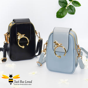 Diamante Bee Mobile and Headphone Crossbody Bags in blue and black