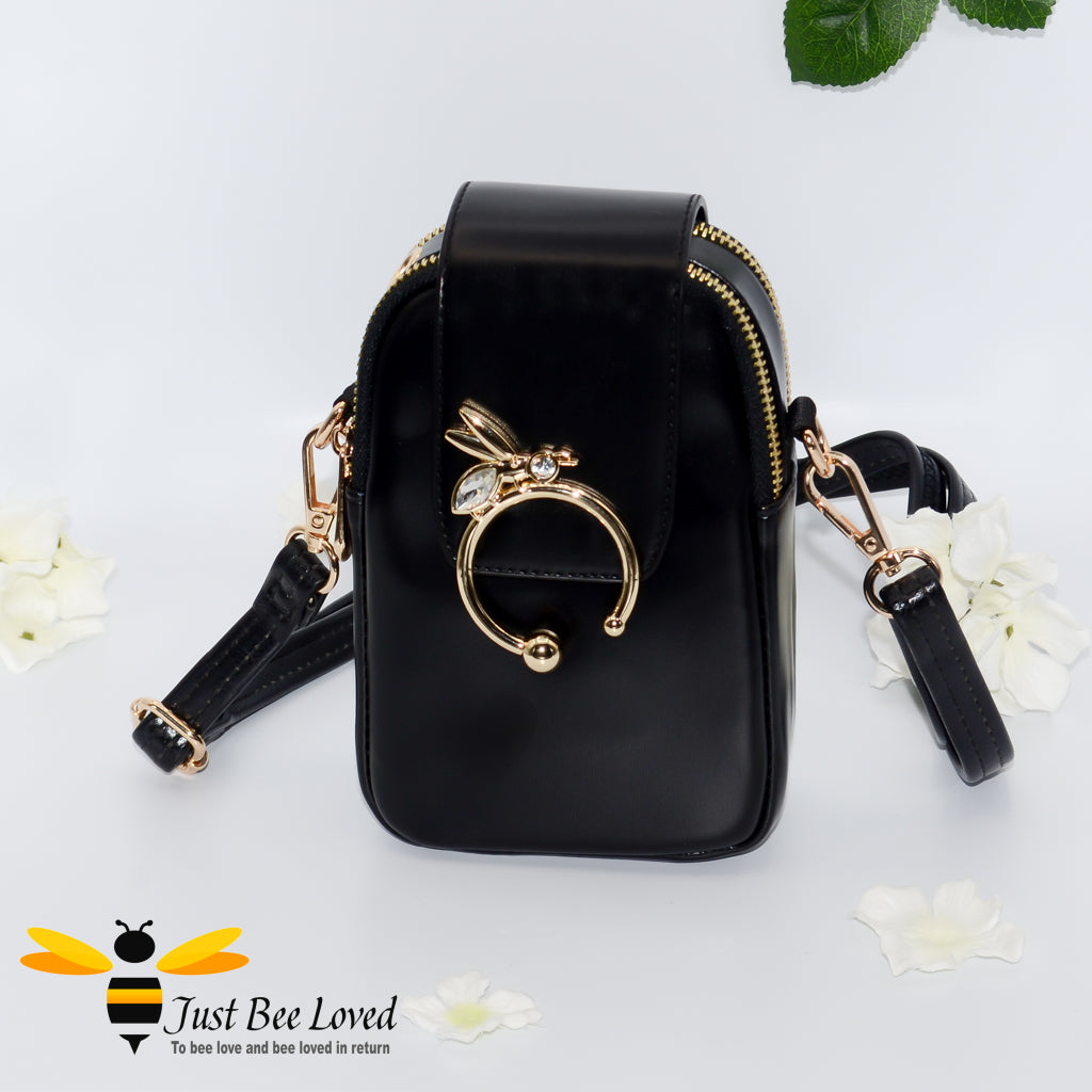 Diamante Bee Mobile and Headphone Crossbody Bag in black colour