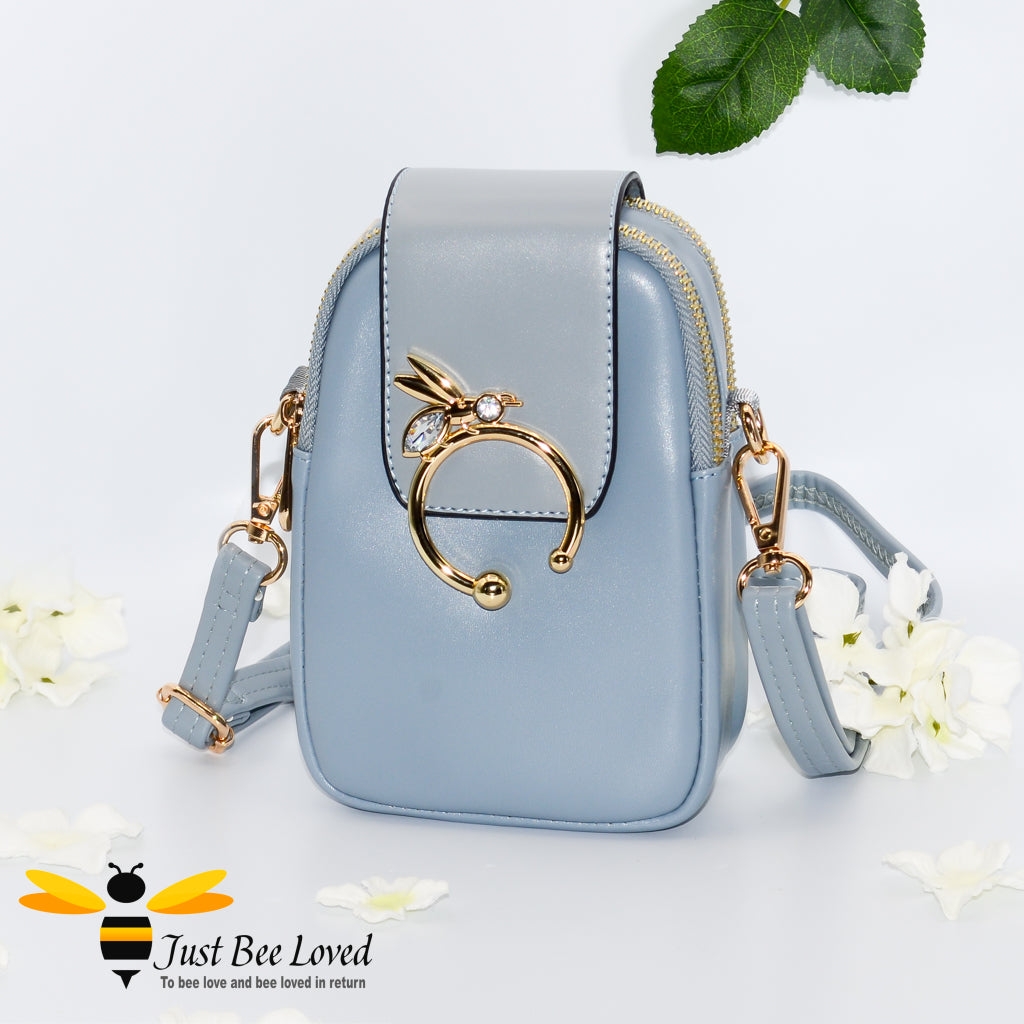 Diamante Bee Mobile and Headphone Crossbody Bag in sky blue colour