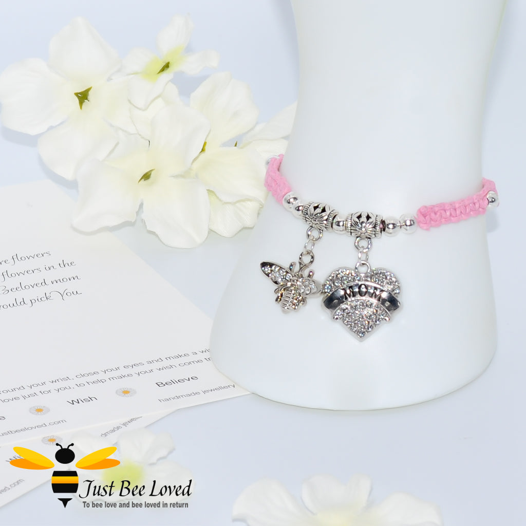 Pink shamballa bee charm bracelet featuring a love heart engraved with Mom with a verse card