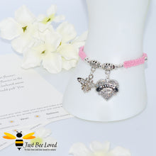 Load image into Gallery viewer, handmade Shamballa wish mother bracelet in pink featuring a bee and love heart engraved with &quot;Mom&quot; with sentimental verse card