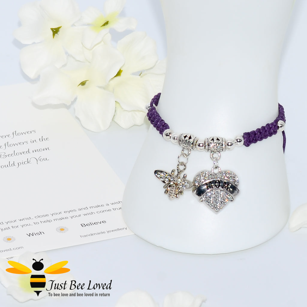 Purple shamballa bee charm bracelet featuring a love heart engraved with Mom with a verse card