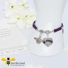 Load image into Gallery viewer, handmade Shamballa wish mother bracelet in purple featuring a bee and love heart engraved with &quot;Mom&quot; with sentimental verse card